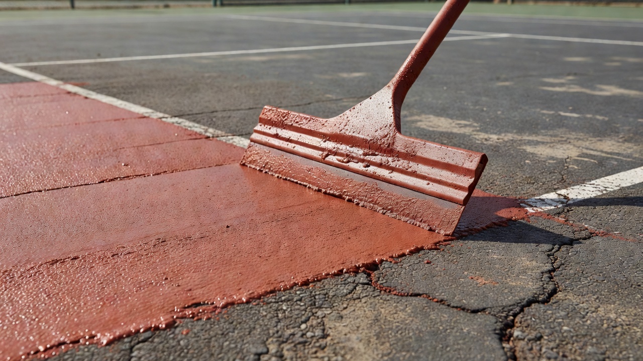 Close-up application of pigmented textured acrylic resurfacer on outdoor asphalt tennis court