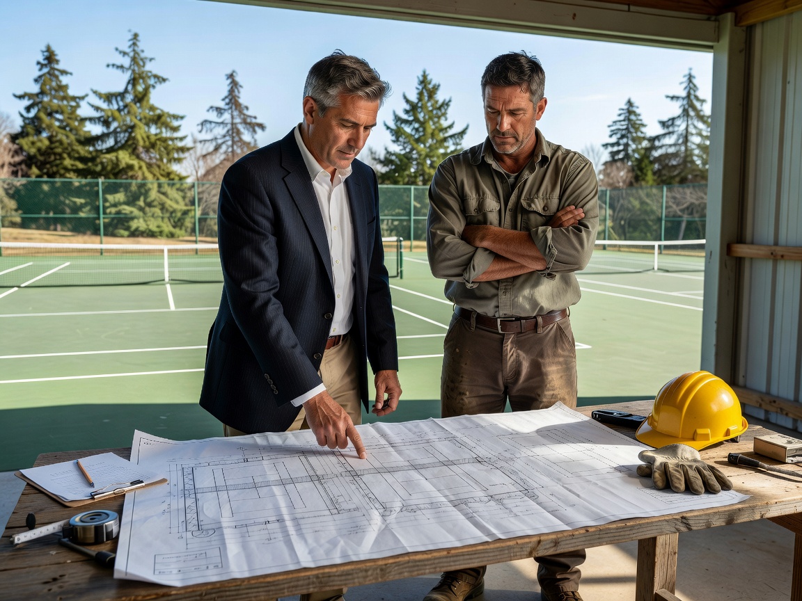 Club treasurer and grounds engineer discussing tennis court facility master plan