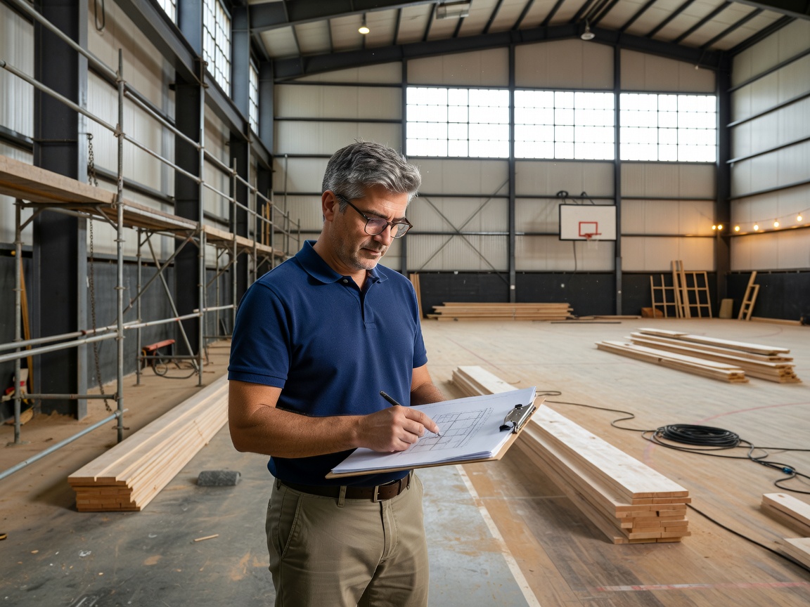 Consultant reviewing sports facility restoration project drawings on clipboard