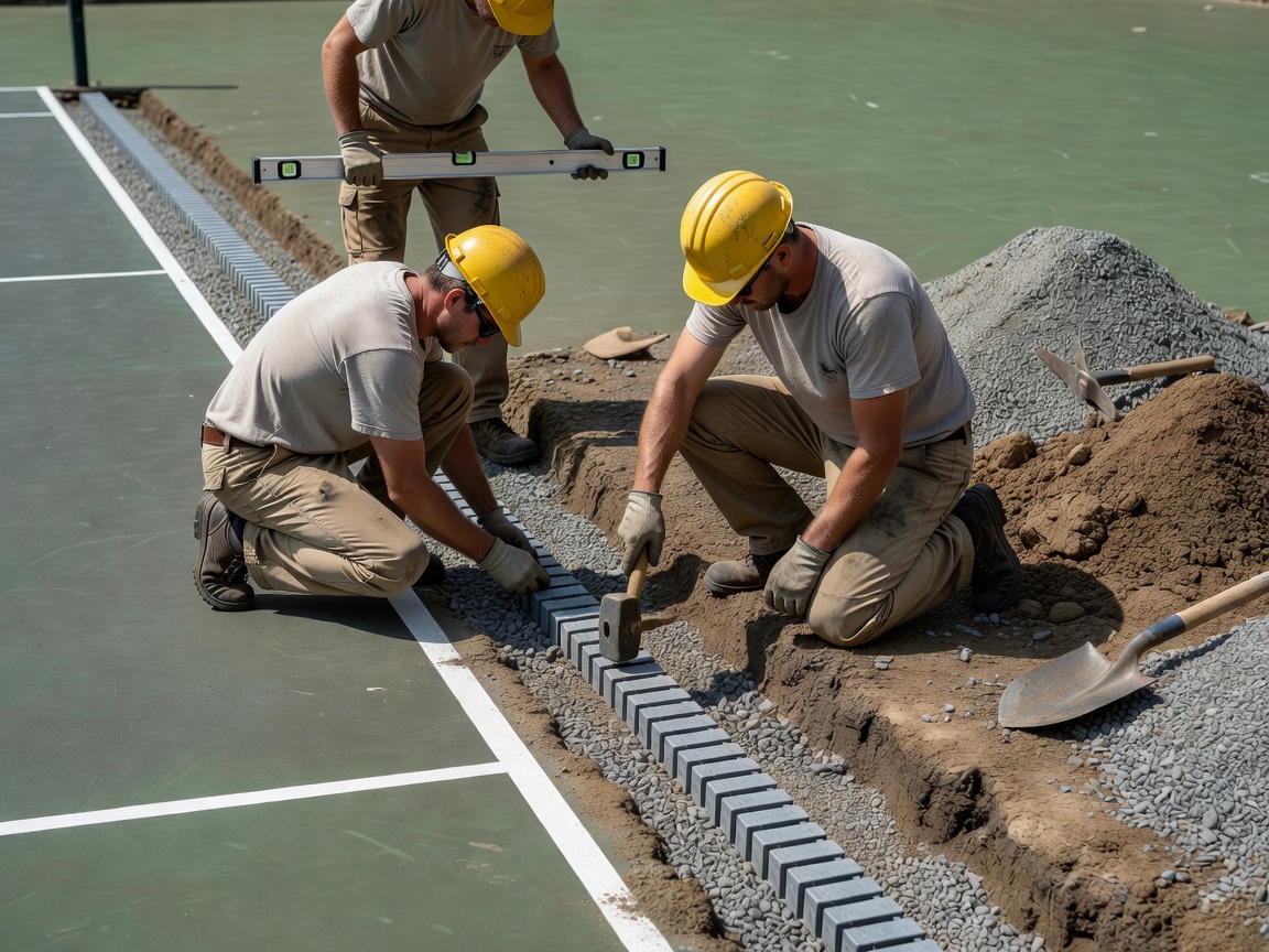 Contractors installing drainage channel along tennis court edge