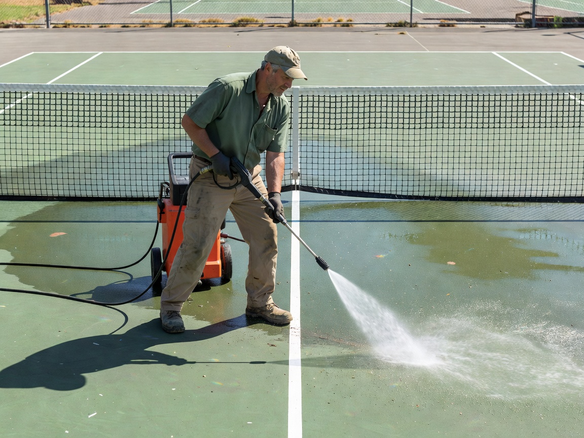 Facility groundskeeper inspecting tennis court net line and surface cleanliness with pressure washer
