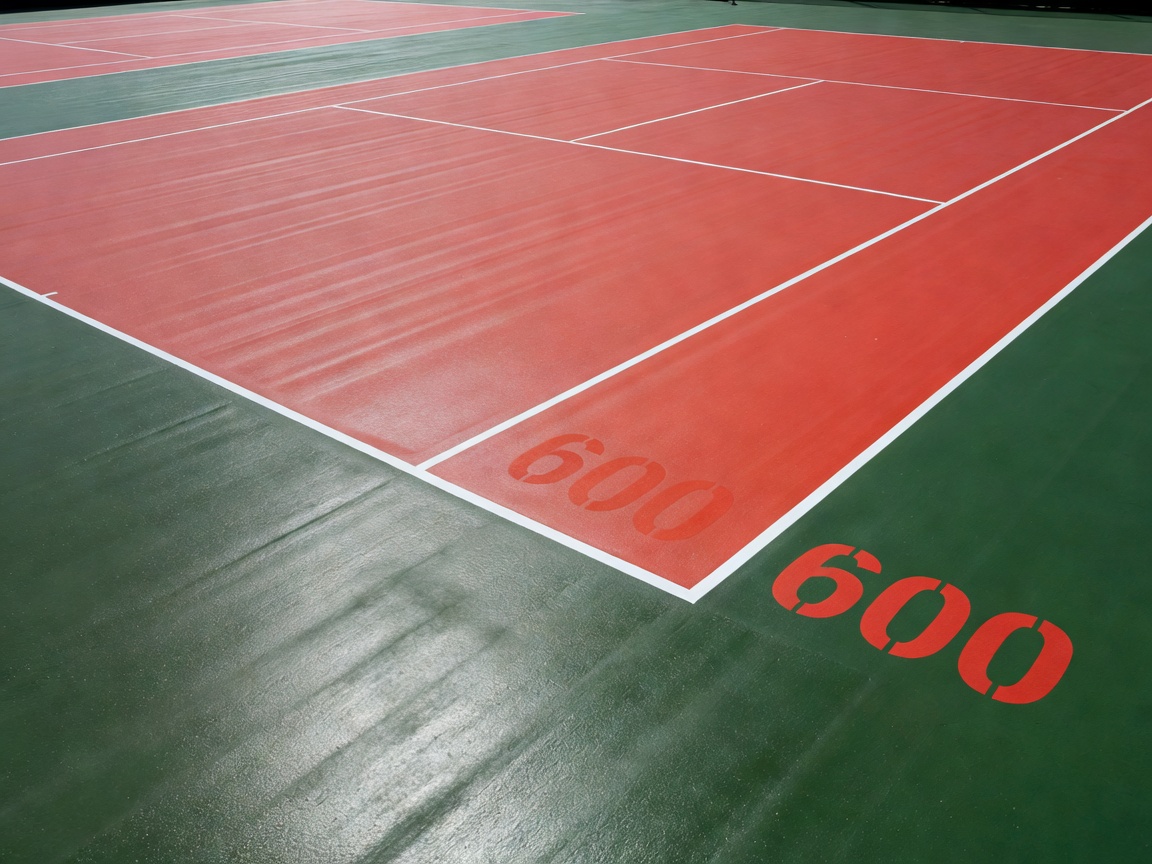 Freshly squeegeed acrylic tennis court surface with green court borders and red service boxes