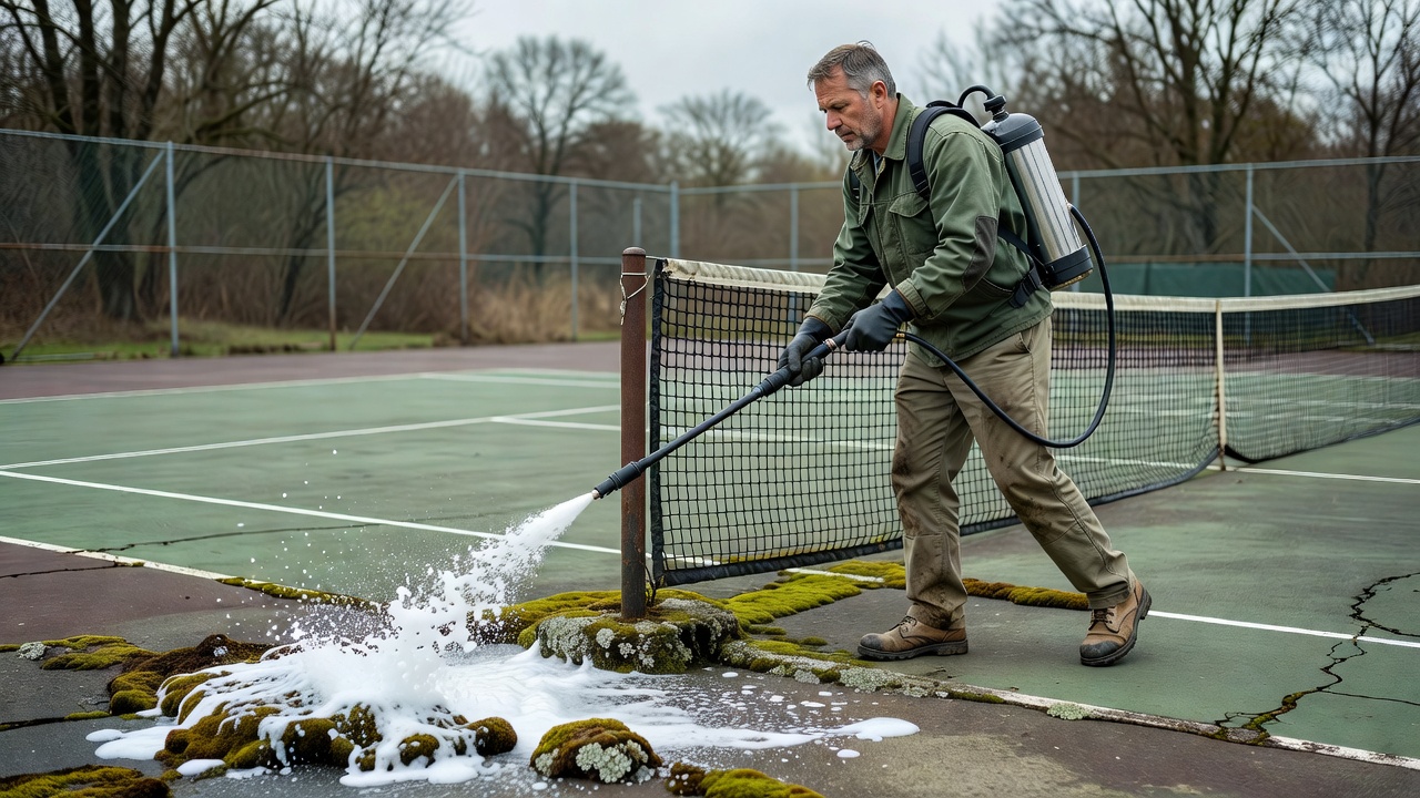 Groundskeeper operating low-pressure chemical foam applicator to treat moss and lichen on a tennis court