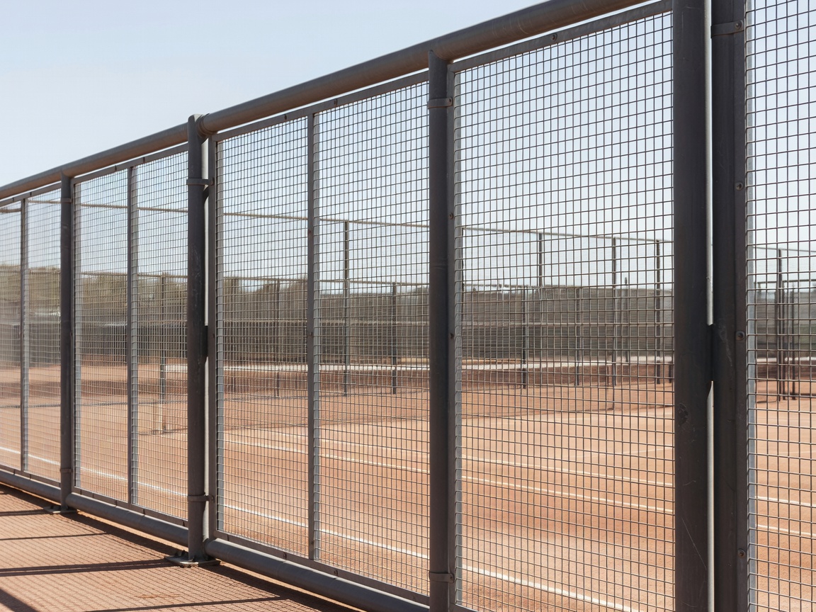 High perimeter tennis fencing with welded wire panels and heavy tubular posts