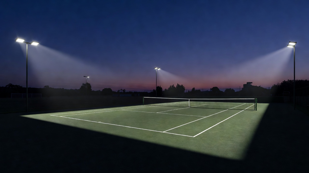 Illuminated outdoor tennis court at dusk showing sharp LED beam cut-off without sky glow