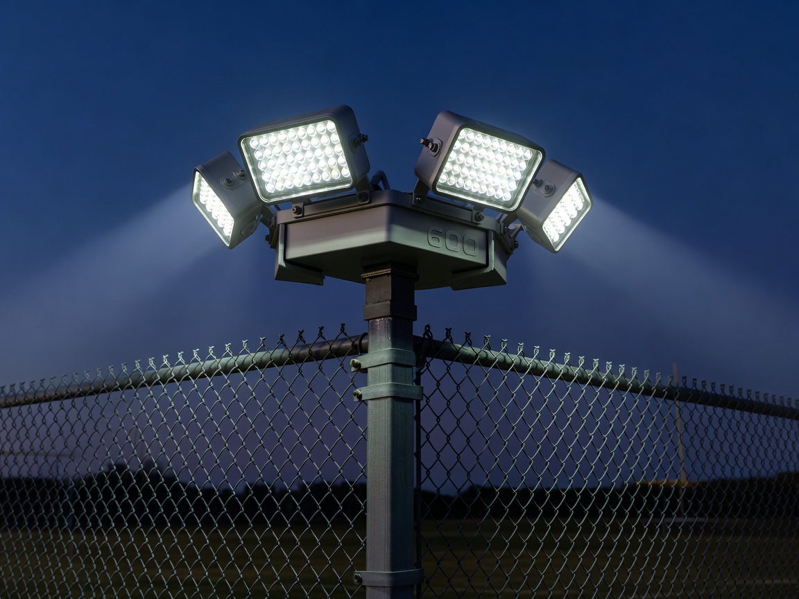 LED sports light fixtures mounted on perimeter fence post corner