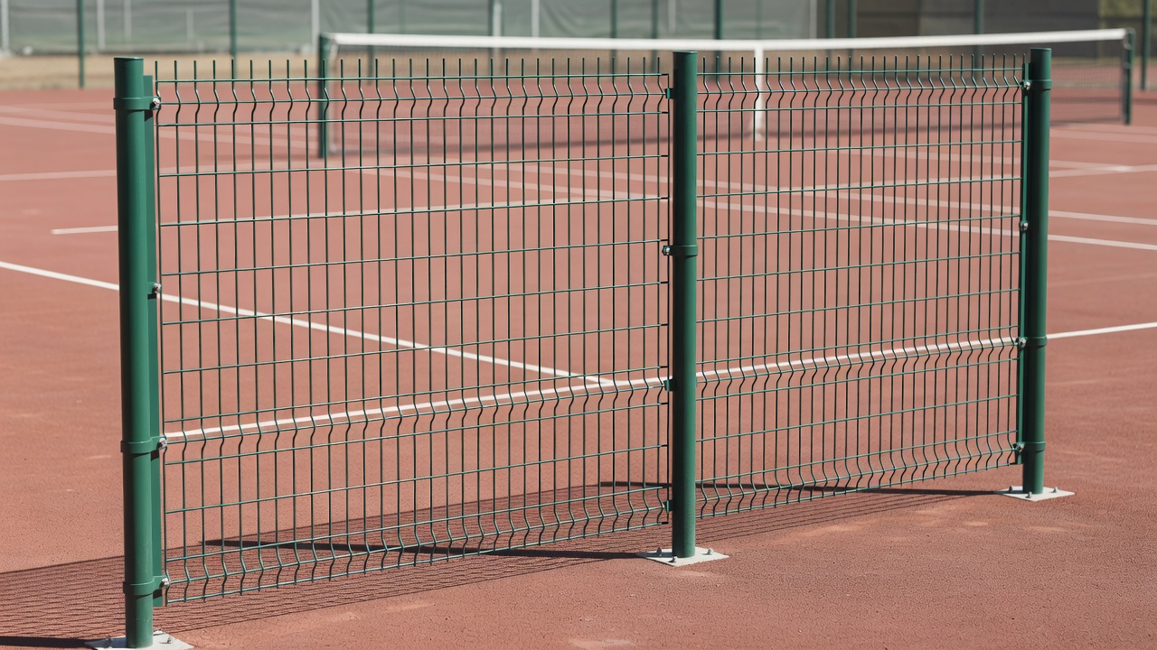 Rigid green double-wire 8-6-8 tennis fencing panel installed on tubular steel upright posts