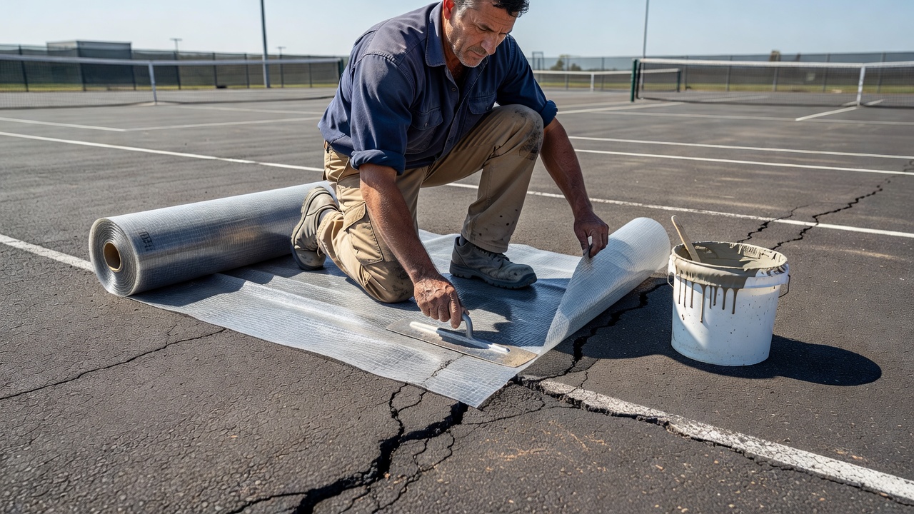 Specialist applying flexible fiberglass crack-bridging membrane system over asphalt tennis court fissure