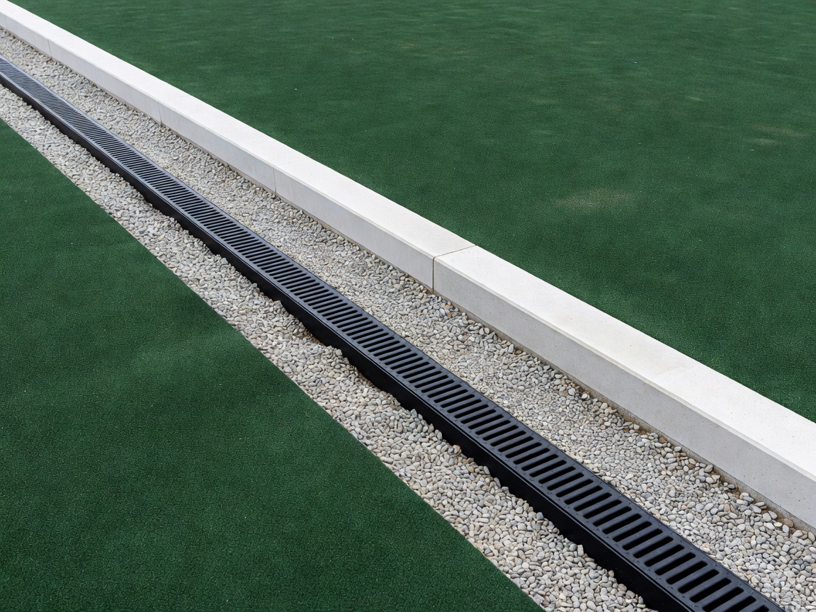 Sub-surface linear drain installation adjacent to tennis court border kerb